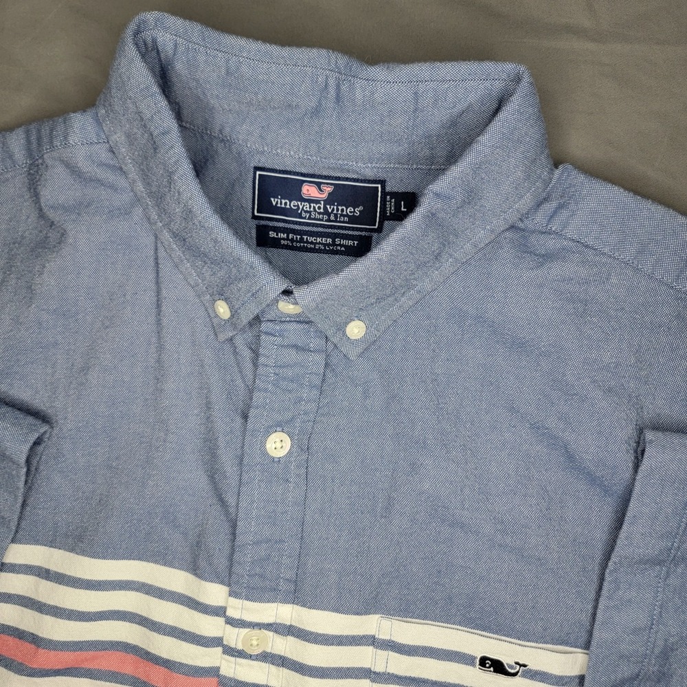 Vineyard Vines Slim Fit Tucker Shirt Men's Large Blue Striped Short Sleeve Beach